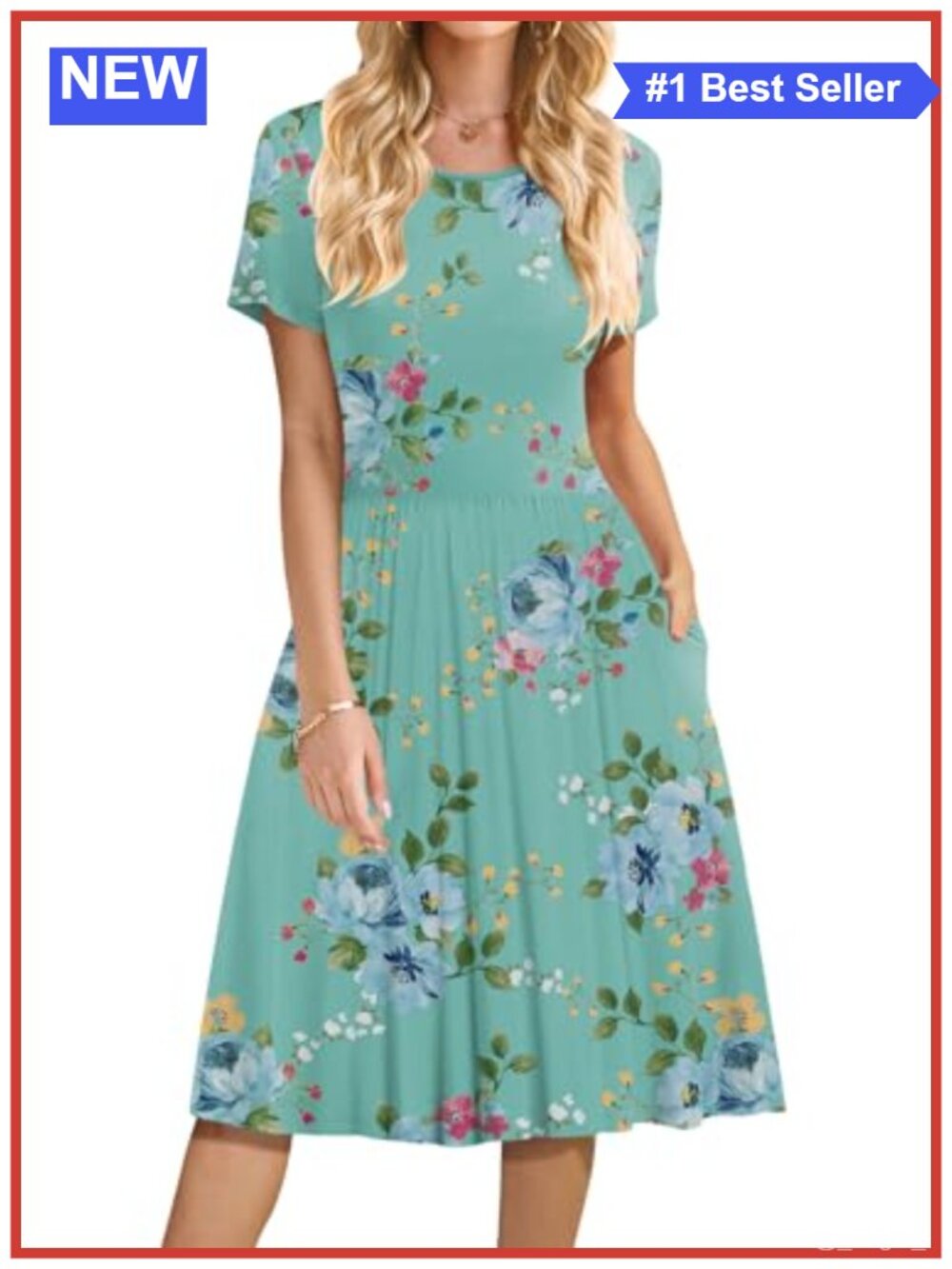 Women's Casual Short Sleeve Empire Waist Dress with Pockets